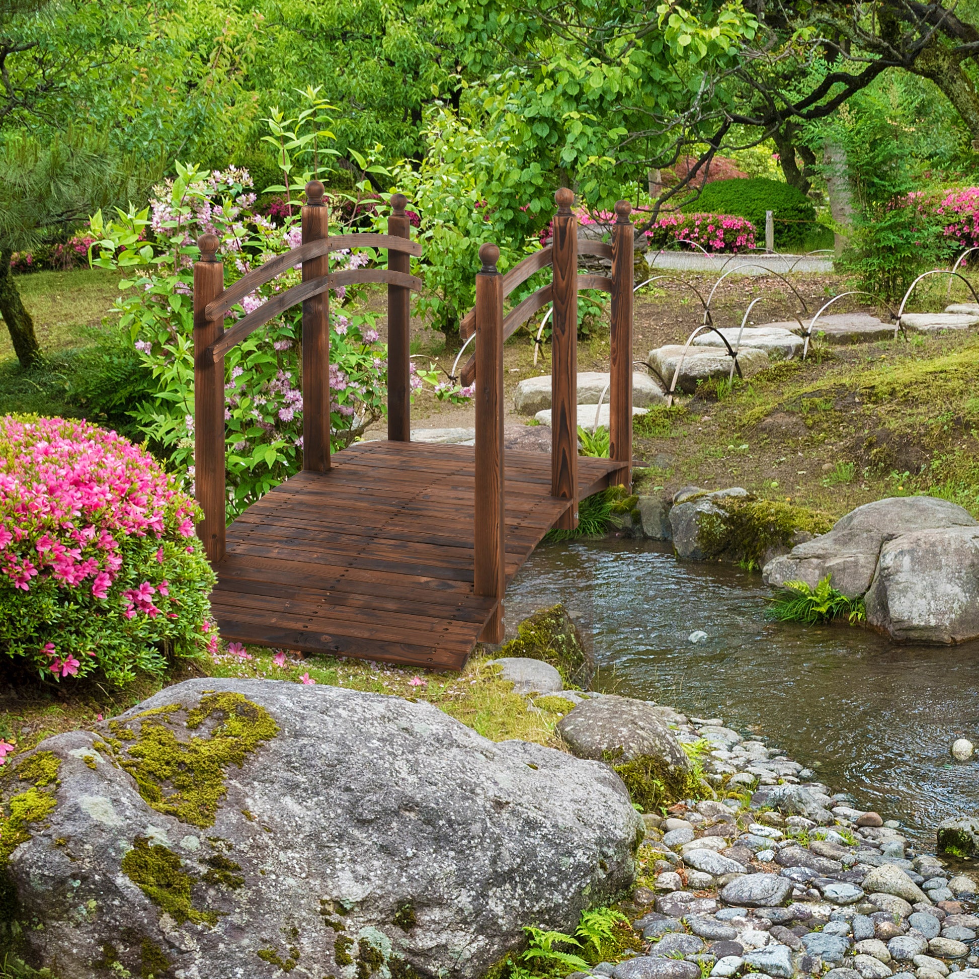 Outsunny 7.5' Fir Wood Garden Bridge Arc Walkway with Side Railings, Perfect for Backyards, Gardens, & Streams, Carbonized image 2