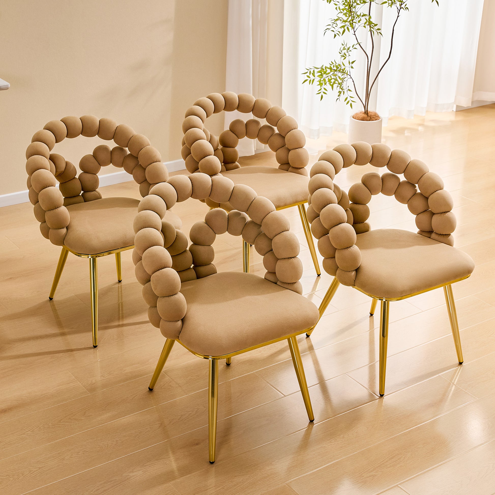 Set of 2 Modern Velvet Dining Chair with Bubble Back, Accent Chair with Gold Metal Legs, Upholstered Vanity Chair for Dining Room, Living Room, Bedroom, Brown & Gold image 5