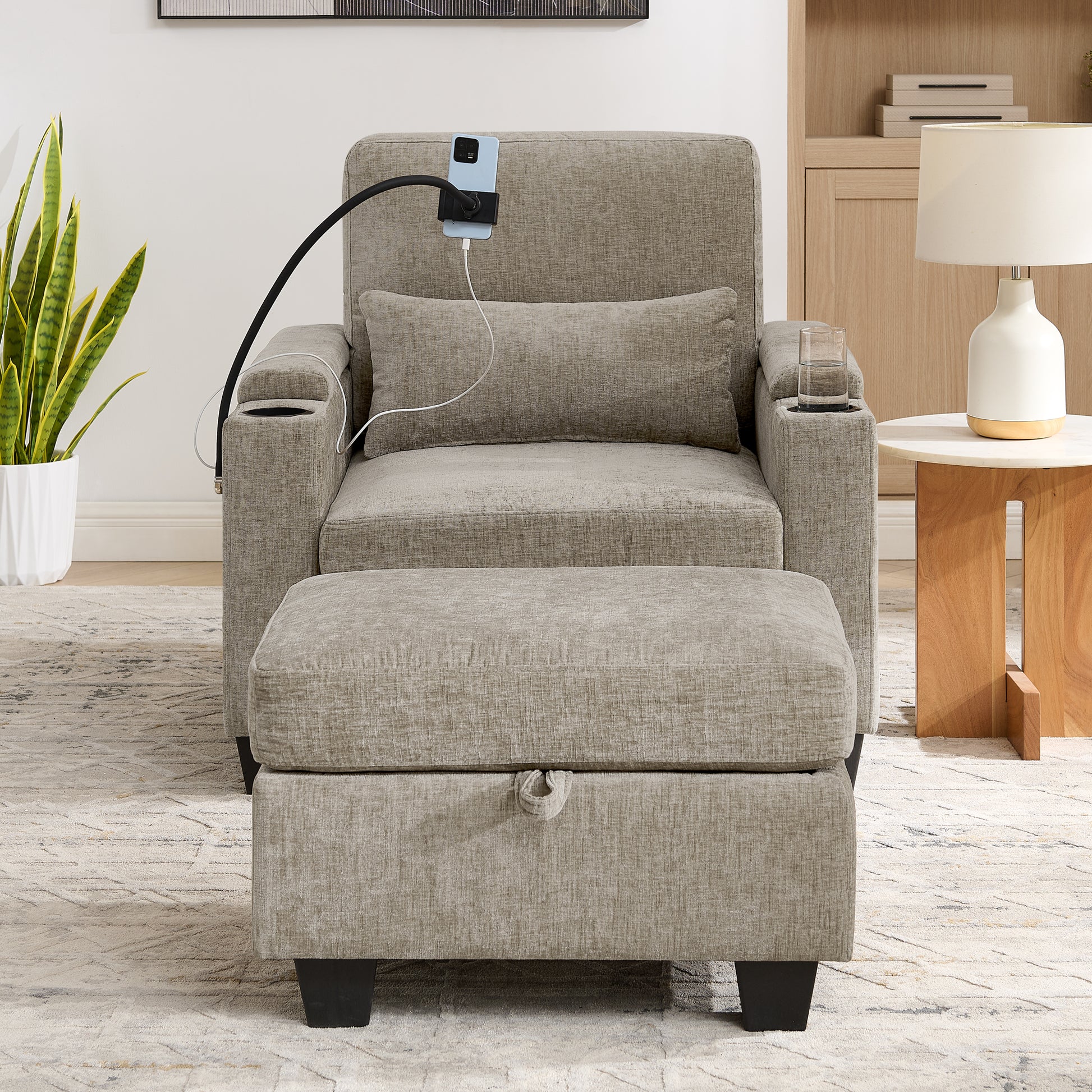 Single sofa recliner with manually adjustable backrest, USB charging port on the armrest side, phone stand included, hidden armrest storage, and a matching storage ottoman-Brown image 5