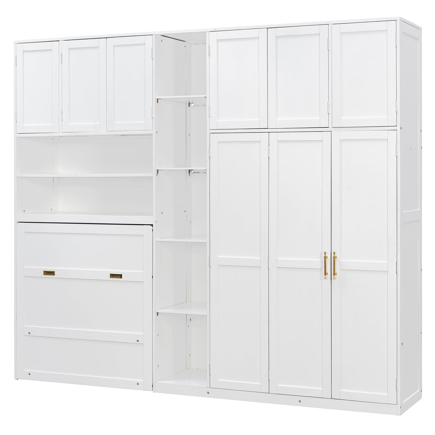 Twin Size Murphy Cabinet Bed with Wardrobe & Storage Shelves, 5-Tier LED Display Shelves, Overhead Cabinets, White image 10