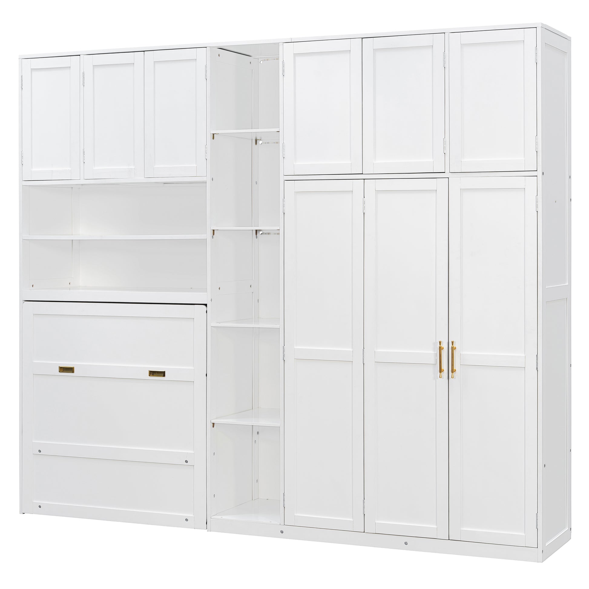 Twin Size Murphy Cabinet Bed with Wardrobe & Storage Shelves, 5-Tier LED Display Shelves, Overhead Cabinets, White image 10