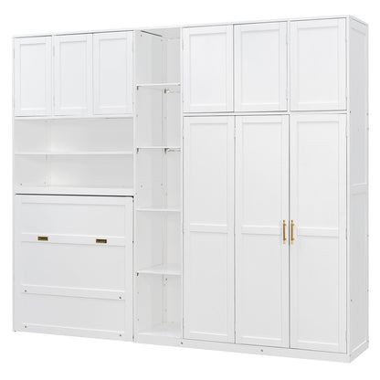 Twin Size Murphy Cabinet Bed with Wardrobe & Storage Shelves, 5-Tier LED Display Shelves, Overhead Cabinets, White image 10
