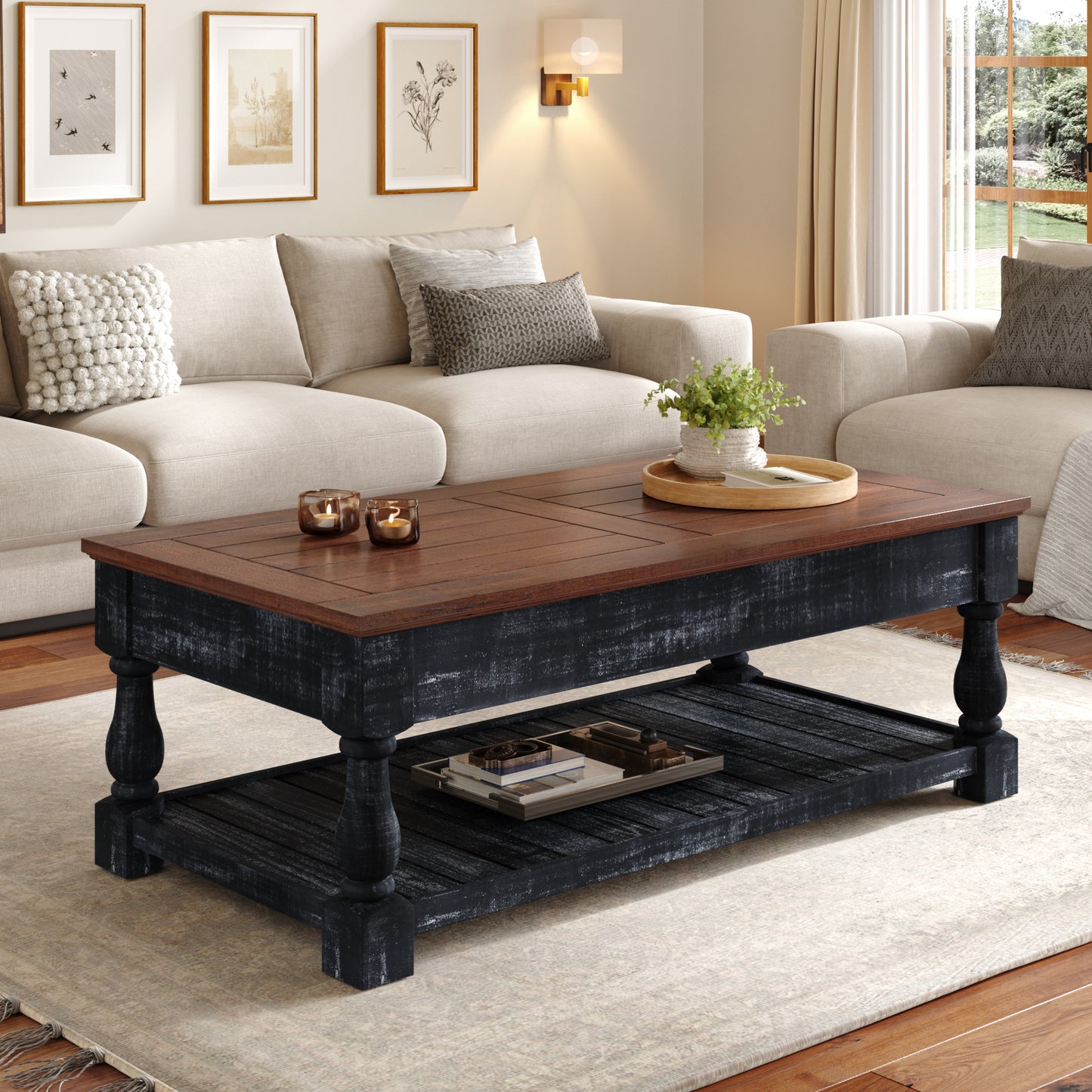 Retro Lift-Top Coffee Table with Storage for Living Room, Hidden Compartment & Lower Shelf, Espresso & Weathered Black Finish image 4