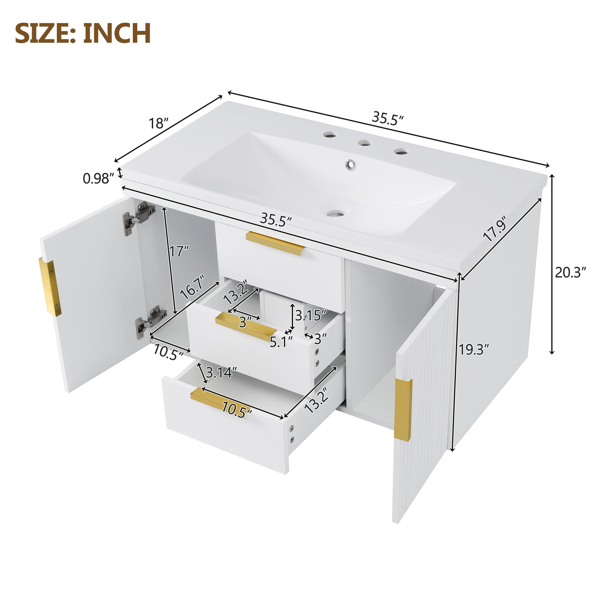 36'' Wall Mounted Bathroom Vanity, Floating Bathroom Storage Cabinet with 2 Drawers, Solid Wood Bathroom Cabinet (Same as N710S236003K) image 8