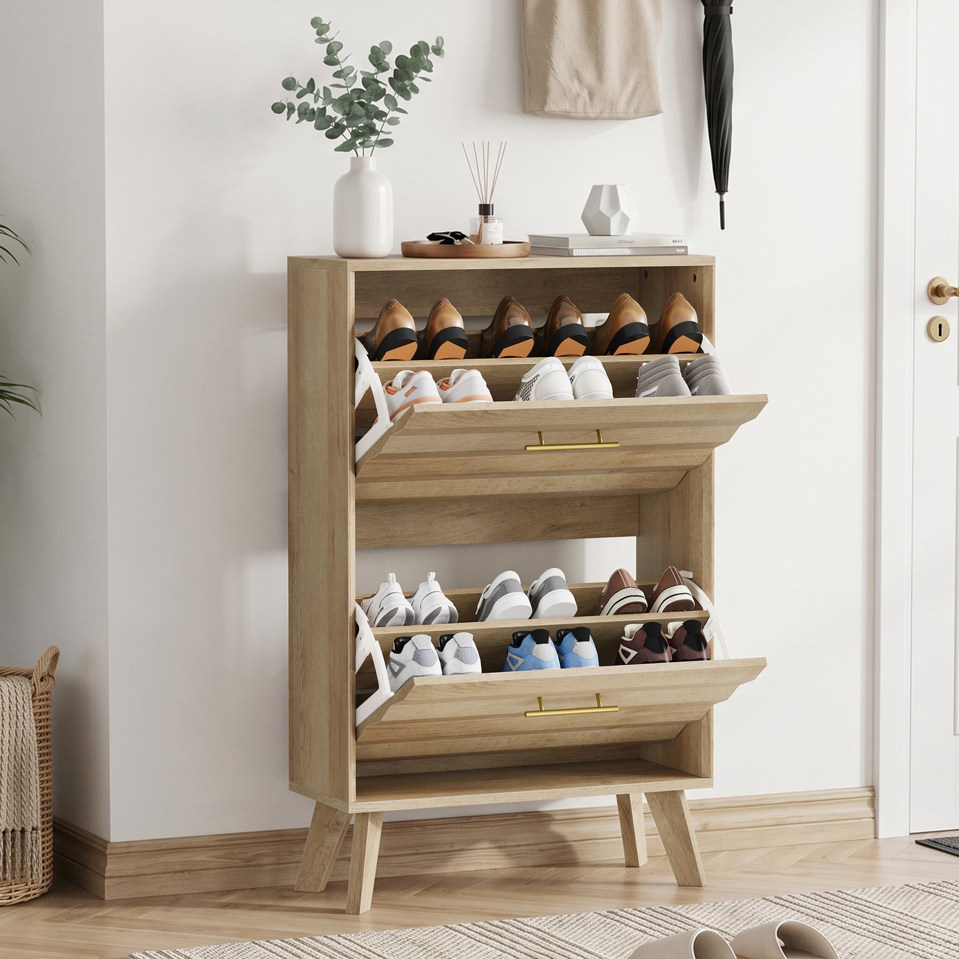 23.6-inch Oak Wood Slim Flip-Top Shoe Cabinet, Mid-century Modern Freestanding Shoe Cabinet, Home Entryway Double Flip-Top Door Large Capacity Narrow Style Shoe Rack image 12