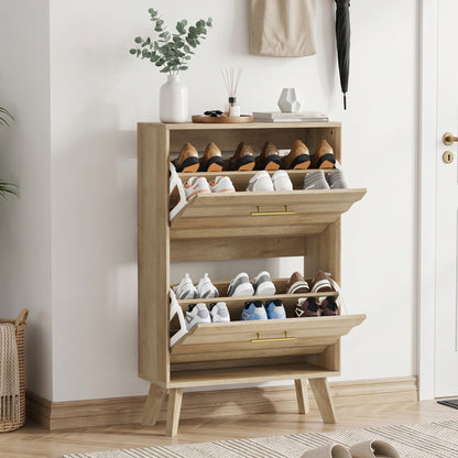 23.6-inch Oak Wood Slim Flip-Top Shoe Cabinet, Mid-century Modern Freestanding Shoe Cabinet, Home Entryway Double Flip-Top Door Large Capacity Narrow Style Shoe Rack image 12