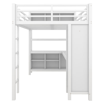 Metal Loft Bed with Wardrobe And L-shaped Desk, Full Size Loft Bed with Storage Cubes and Shelves, Heavy Duty Loft Bed for Kids Teens Adults, White image 11