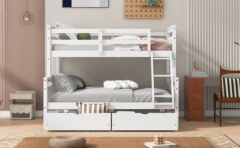 Twin over Full Bunk Bed with Ladder, Two Storage Drawers, Safety Guardrail, White image 6