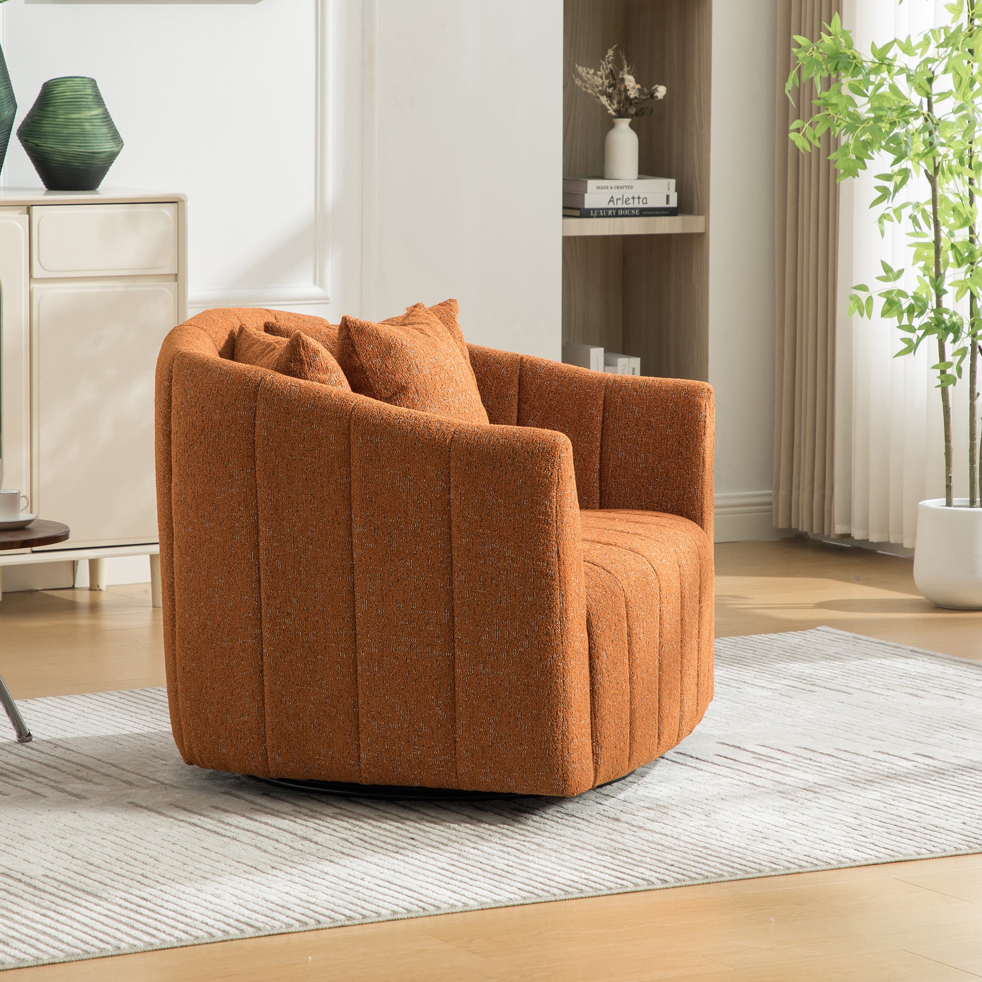 39"W Upholstered Oversized 360° Swivel Accent Barrel Chair and Half Cozy Sofa with 3 Pillows, Chenille Channel Tufted Pumpkin-Shape Club Armchair for Living Room, Bedroom, Office, Lounge,Orange image 6