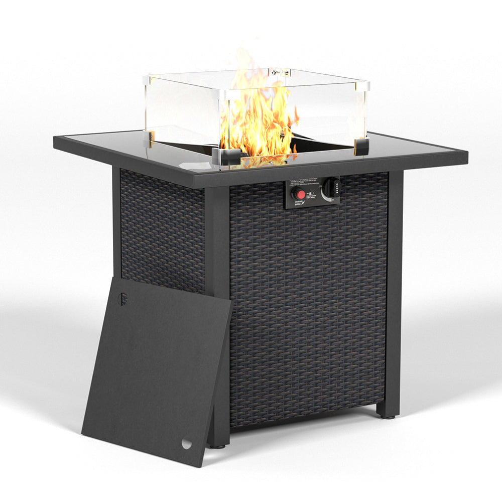 28 Inch Propane Fire Pit Table, Rattan & Wicker-Look, 50000 BTU Gas Firepits Tempered Glass Tabletop with Glass Windscreen Protector for Outside Patio and Garden(Coffee)