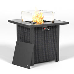 28 Inch Propane Fire Pit Table, Rattan & Wicker-Look, 50000 BTU Gas Firepits Tempered Glass Tabletop with Glass Windscreen Protector for Outside Patio and Garden(Coffee)