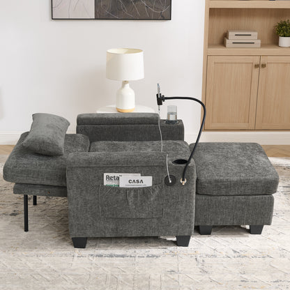 Single sofa recliner with manually adjustable backrest, USB charging port on the armrest side, phone stand included, hidden armrest storage, and a matching storage ottoman-Gray image 4