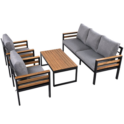 <Old SKU: N704G201246E> GO 4-Piece Outdoor Furniture Sofa Set for 5 People with Acacia Wood Armrests, Patio Conversation Set with Removable Cushion and Solid Wood Coffee Table for Garden, Grey image 11