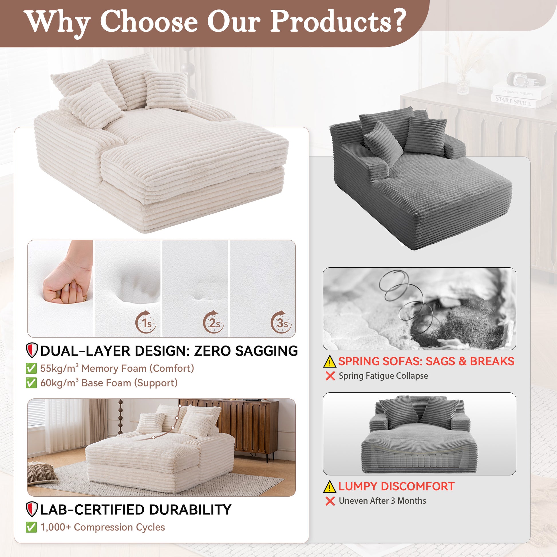 012-Luxury Corduroy Convertible Chaise Lounge with 4 Pillows, Ultra-Soft Sofa Bed No Assembly Required, Instant Setup Lounge Chair Bed for Living Room, Apartment & Small Spaces, Beige image 4