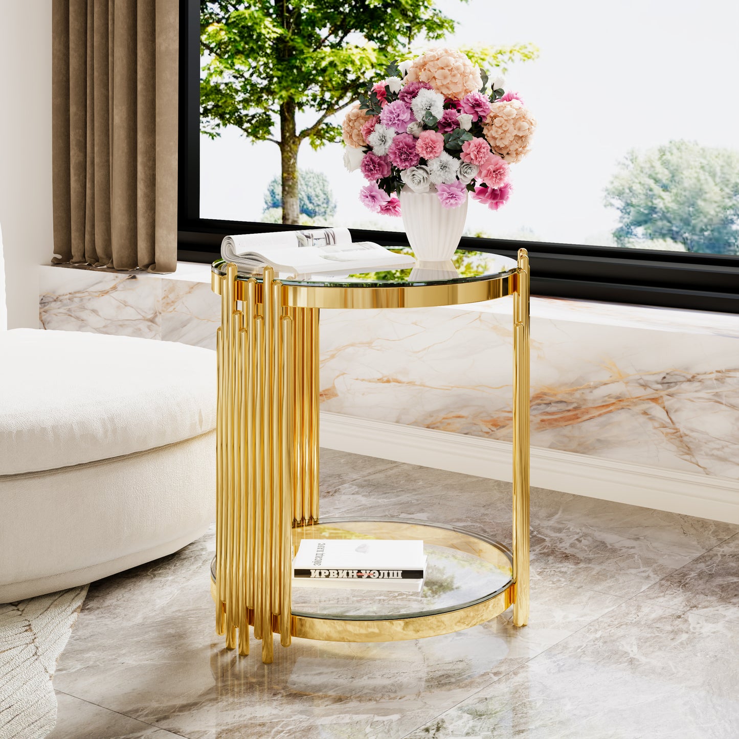 Modern Transparent Glass End Table for Living Room, Round, Asymmetrical Metal, Gold Finish & Lower Shelf, 19.8" image 9