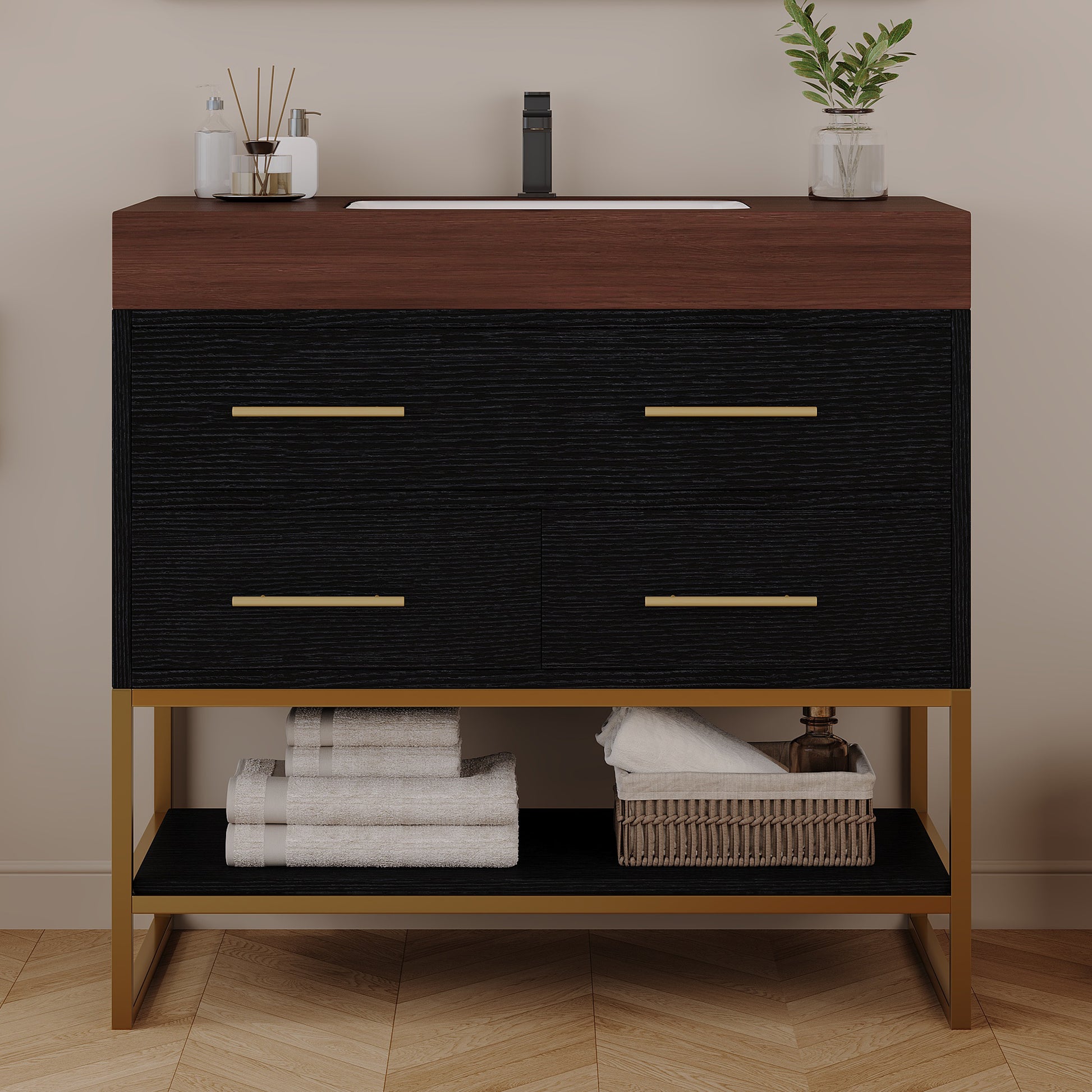 36" Artificial Stone Bathroom Vanity with Ceramic Sink, Modern Bathroom Sink Cabinet with Soft Close Drawers and Open Shelves, Free-standing Bathroom Vanity with Stainless Steel Legs and Large Space S image 1