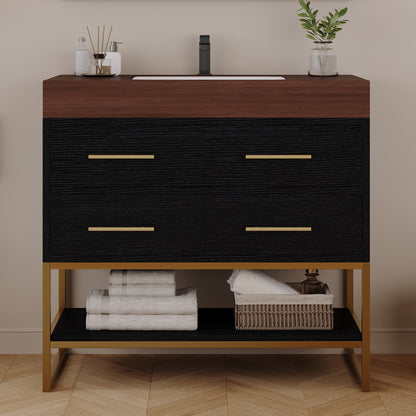 36" Artificial Stone Bathroom Vanity with Ceramic Sink, Modern Bathroom Sink Cabinet with Soft Close Drawers and Open Shelves, Free-standing Bathroom Vanity with Stainless Steel Legs and Large Space S image 1