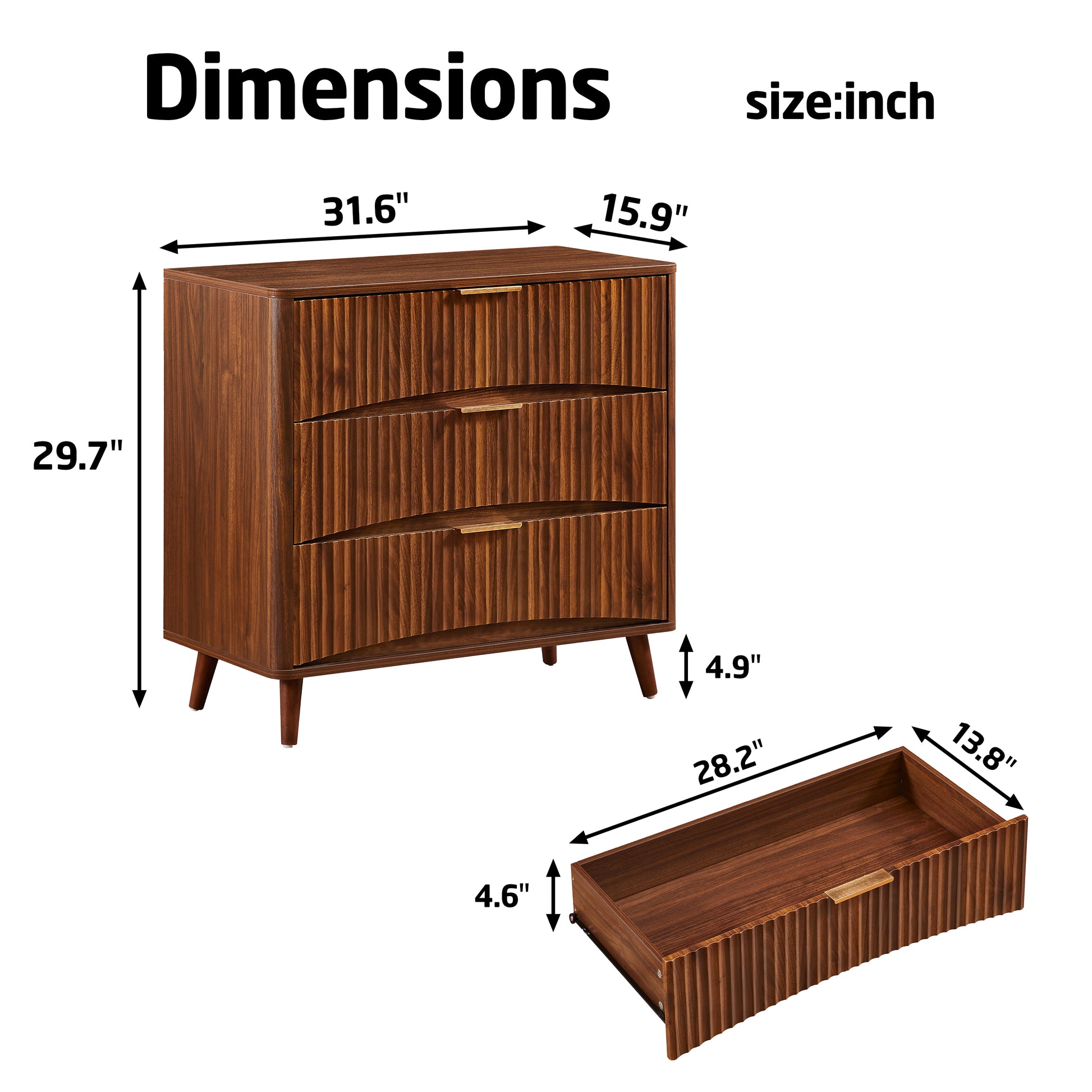 Fluted 3 Drawer Dresser, Mid-Century Modern Tall Chest of Drawers with Vertical Grooved Design, Solid Wood Storage Cabinet with Metal Handles for Bedroom Living Room, Walnut (31.5"W x 15"D x 30"H) image 5