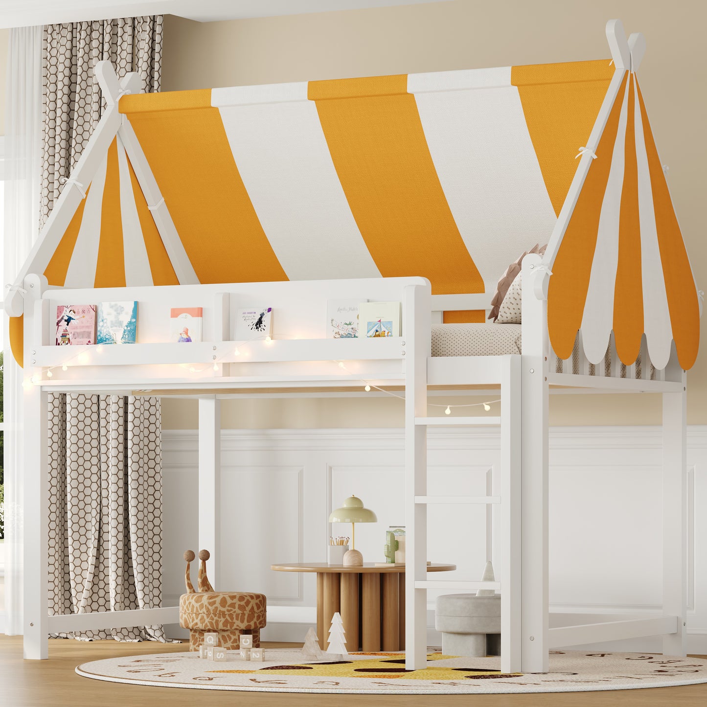 Full Size Loft Bed with Canopy, LED Lights & Book Shelf, White image 2