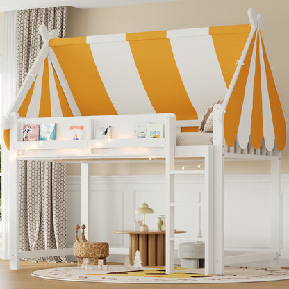 Full Size Loft Bed with Canopy, LED Lights & Book Shelf, White image 2