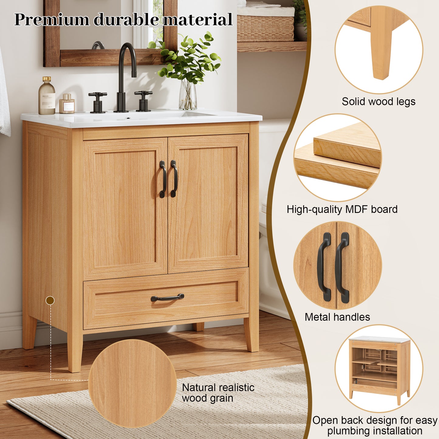 [Video] 30" Natural Wood Grain Bathroom Vanity with Ceramic Sink Top, Solid Wood Legs, Soft-Close Double Doors & Bottom Drawer, Adjustable Interior Shelf, Door-mounted Organizers image 5