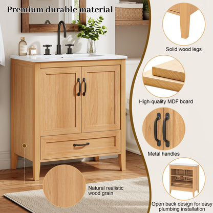 [Video] 30" Natural Wood Grain Bathroom Vanity with Ceramic Sink Top, Solid Wood Legs, Soft-Close Double Doors & Bottom Drawer, Adjustable Interior Shelf, Door-mounted Organizers image 5