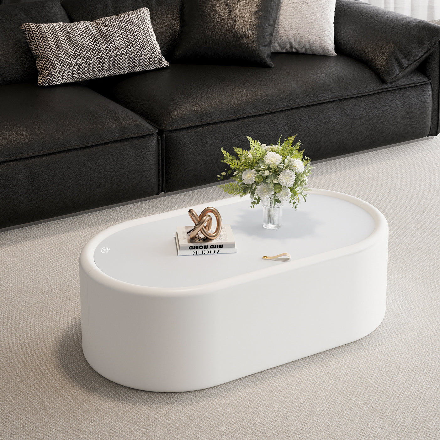 33.46" Oval Hidden Storage Coffee Table - 3C Certified Tempered Glass Top & Premium Leather Upholstered, Modern White Storage Coffee Table for Living Room image 1