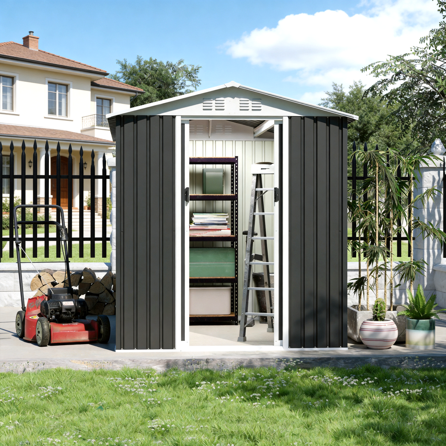 6x9 FT Metal Garden Shed with Vents Sliding Door Apex Roof Storage Sheds Patio Backyard Use image 4