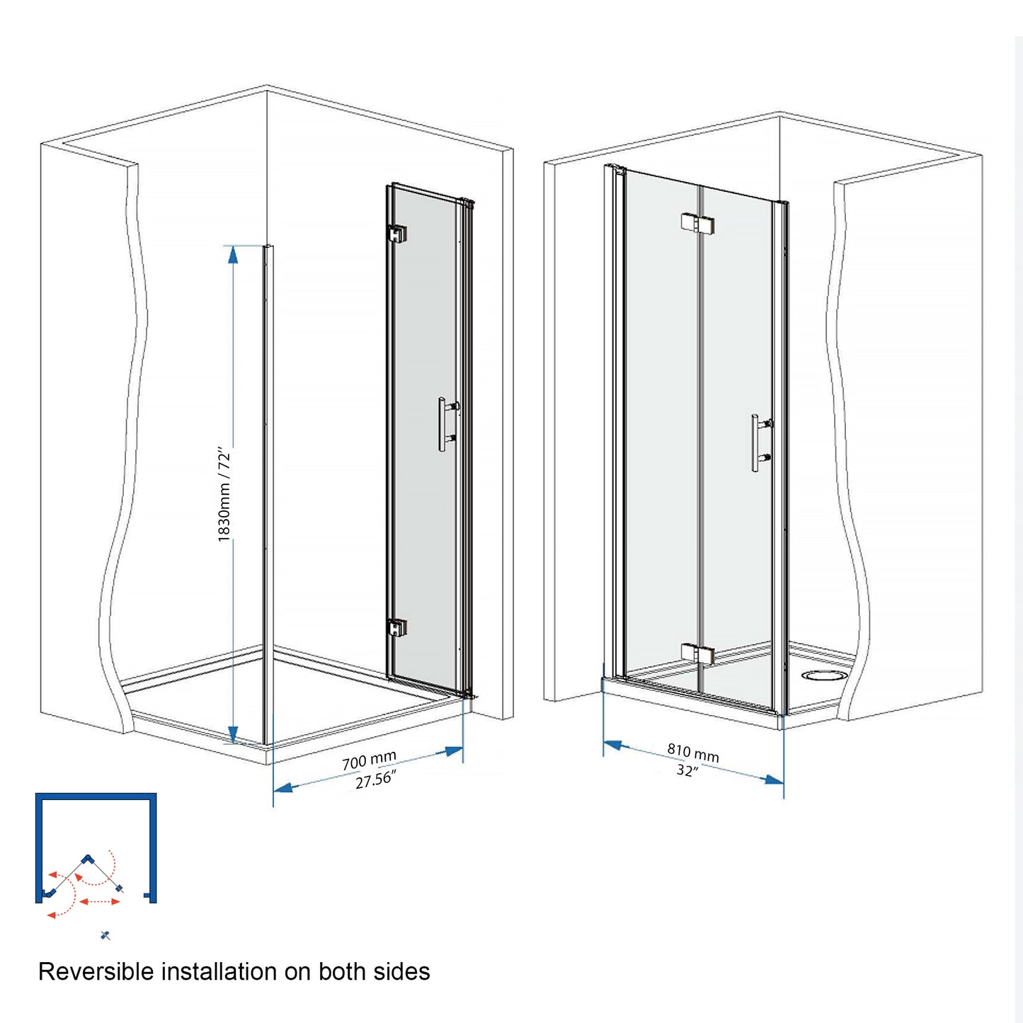 33-32 "x 72" Bifold Shower Door, 1/4"(6mm) Tempered Glass, Chrome Aluminum Frame, Explosion Proof Film image 7