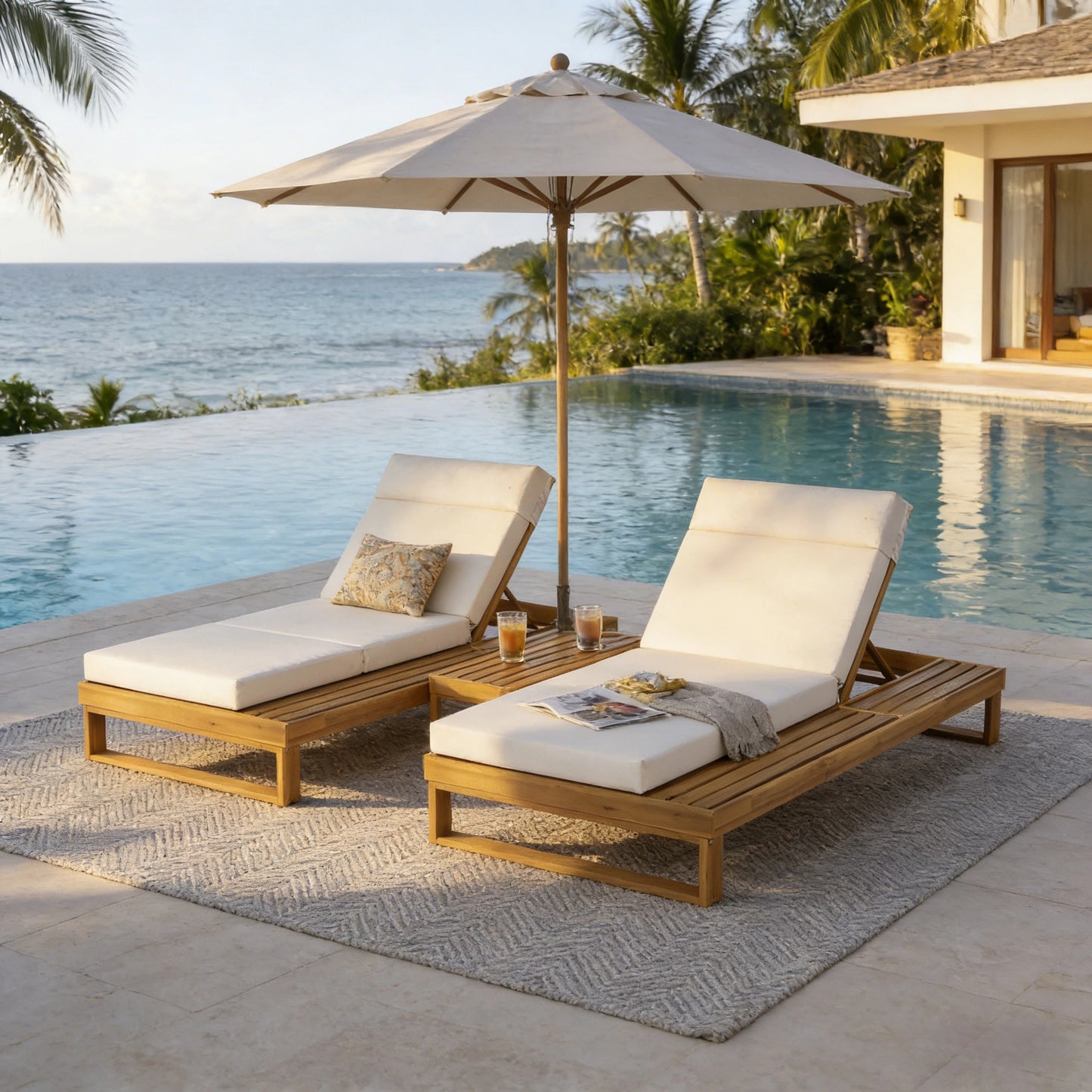 Teak Finish Acacia Wood Chaise Lounge with 4-Inch Beige 4-Fold Cushion Set, Adjustable Outdoor Patio Lounger with Flat Side Surface, for Poolside- Matching cream,dark gray version available image 7