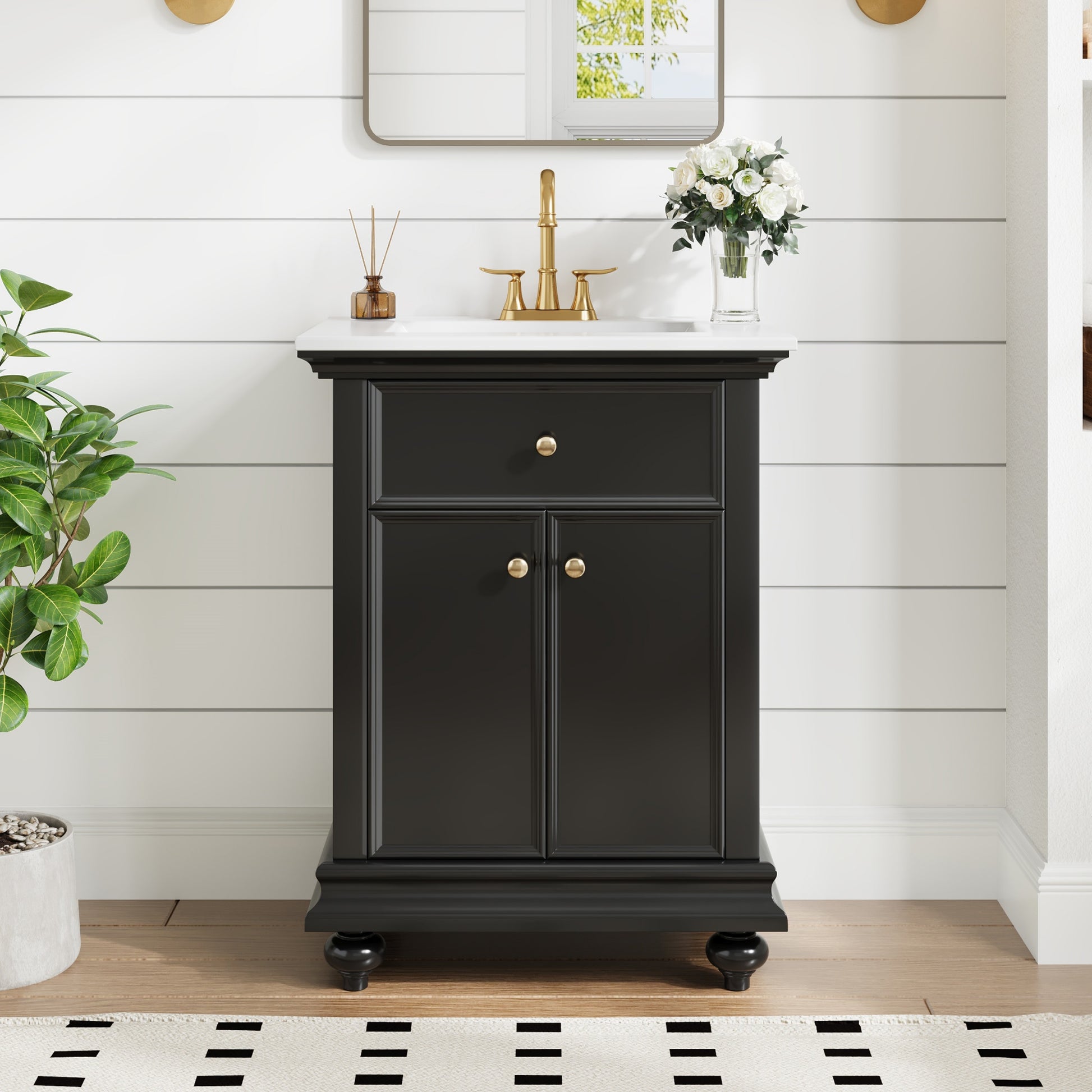 24" Modern Bathroom Vanity with A Tip-Out Drawer & Soft-Close Hinges, Bathroom Cabinet with Back Open Structure, Ball-Turned Legs with French Elegance image 1