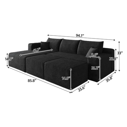 95" Cloud Sectional Sofa with 2 Ottoman,Modern Minimalist Upholstered Couches, Comfort U Shaped Sofa for Living Room,Deep Seat Corner Couch,No Assembly Required,Black (Plush Corduroy Fabric) image 8