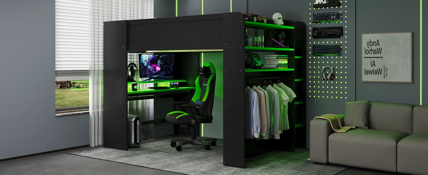 Full Size Wood Bunk Bed with height-adjustable Desk,Wardrobe,Ample Storage Space,and RGB Light, Green(OLD SKU:LT000266AAG) image 6