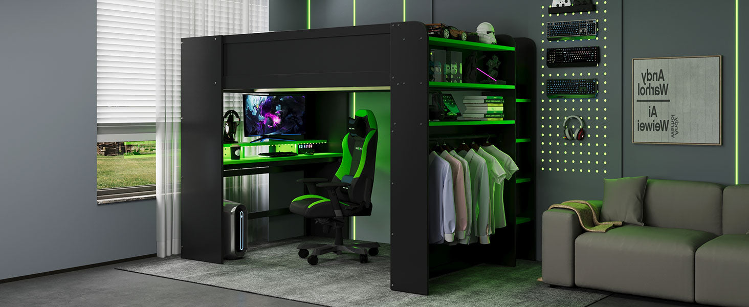 Full Size Wood Bunk Bed with height-adjustable Desk,Wardrobe,Ample Storage Space,and RGB Light, Green(OLD SKU:LT000266AAG) image 6