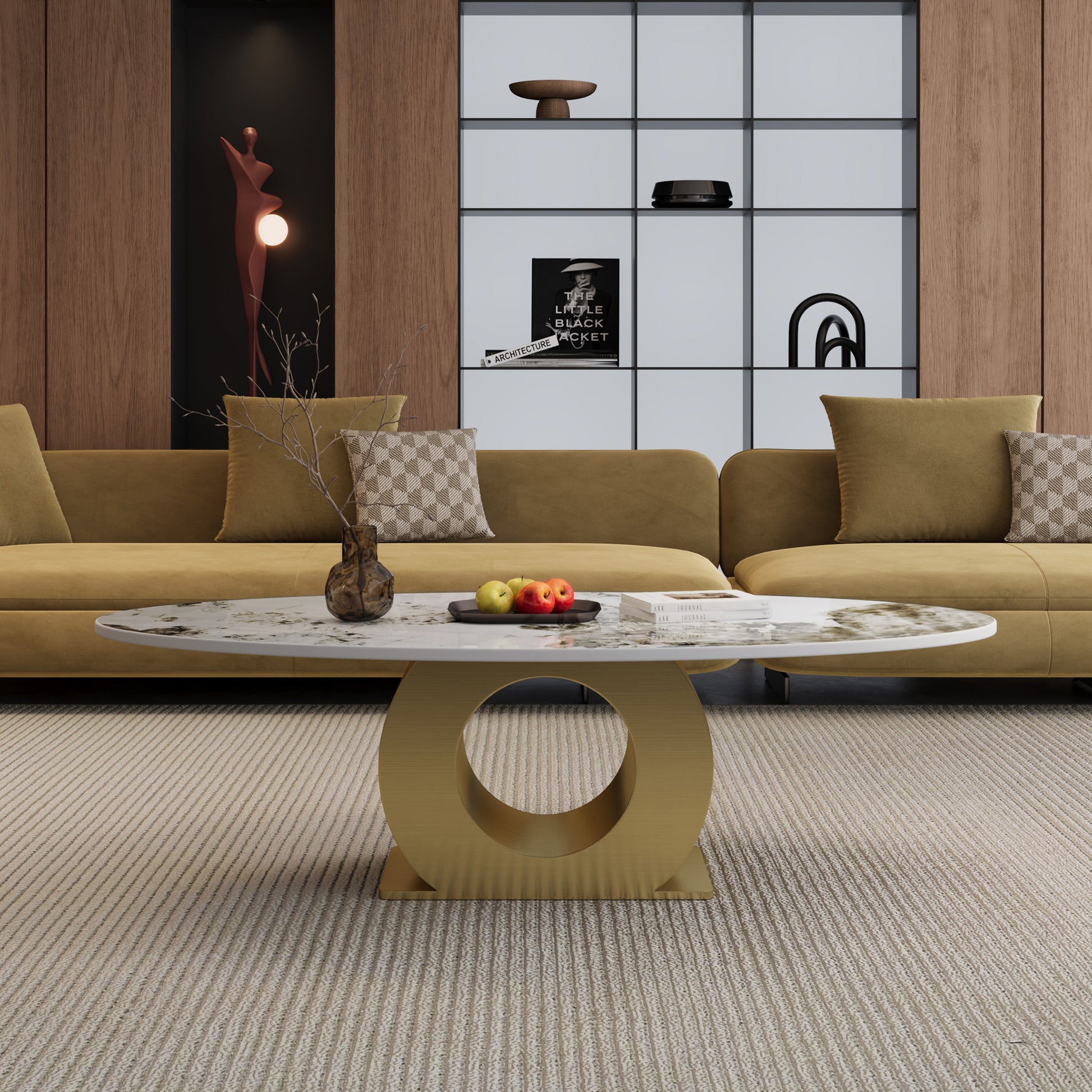 Modern 49.2" Oval Sintered Stone Coffee Table with Stainless Steel Base, Center Table for Living Room image 2