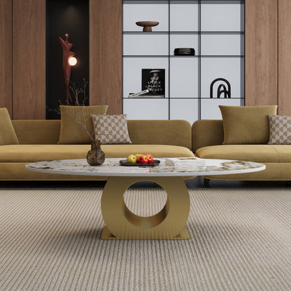 Modern 49.2" Oval Sintered Stone Coffee Table with Stainless Steel Base, Center Table for Living Room image 2