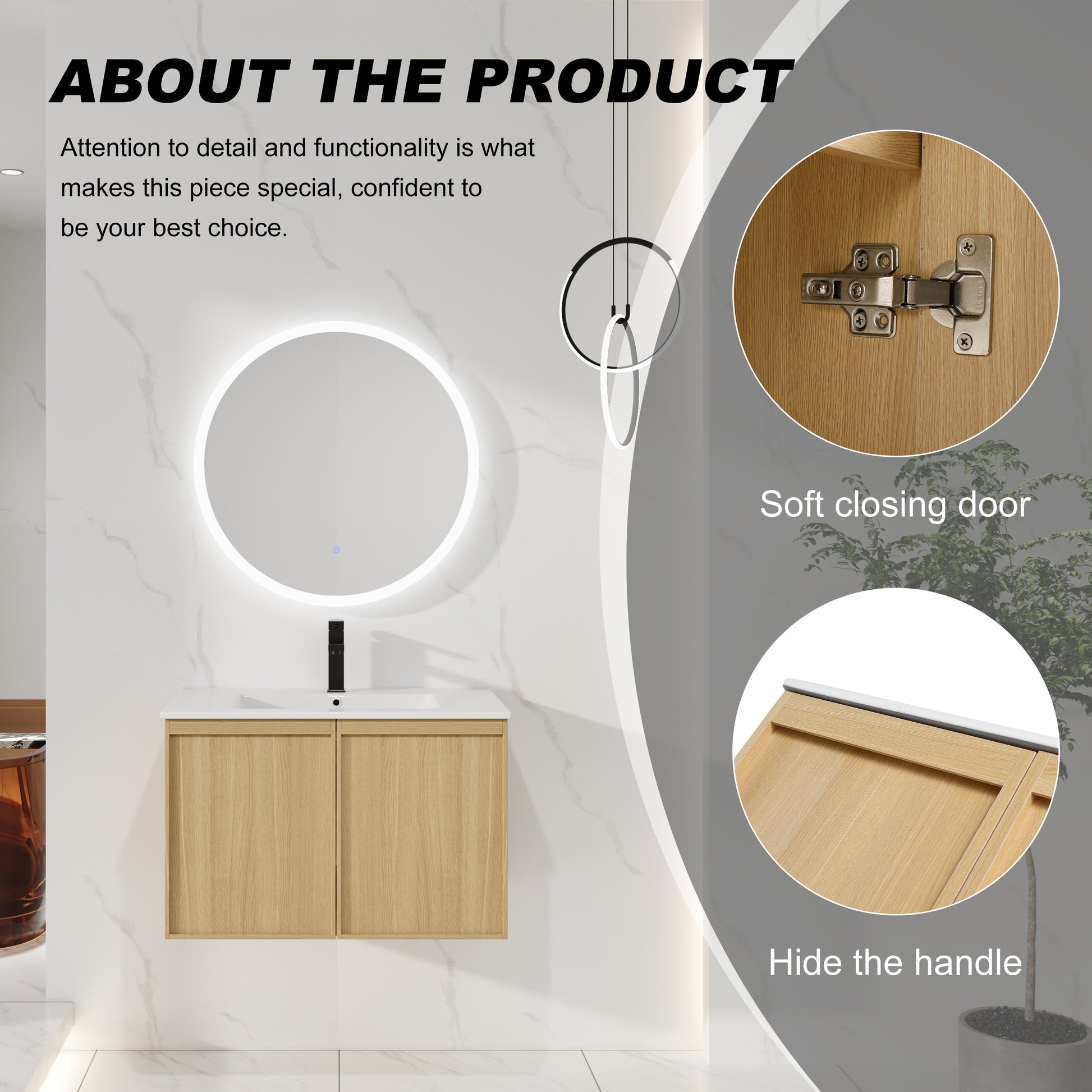 30" Floating Bathroom Vanity with Sink, Wall-Mounted Modern Light Oak Cabinet, Thin Edge Ceramic Basin, Soft-Close Doors, Spacious Storage, Easy Installation image 6