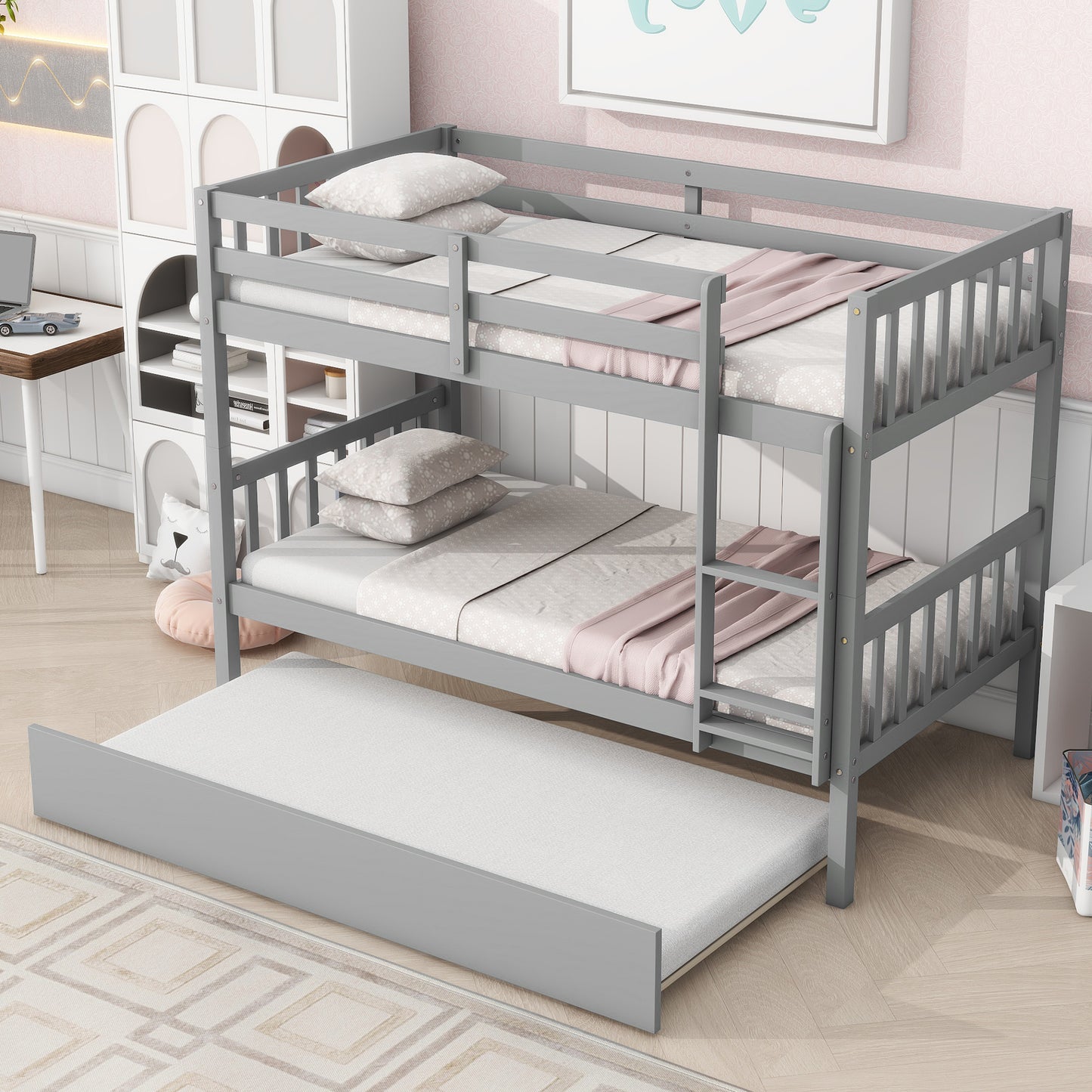 Twin Over Twin Rubber Wood Bunk Bed with Trundle, Convertible into Twin Size Beds, Twin Size Bunk Bed with Ladder and Safety Guardrails,Grey image 12