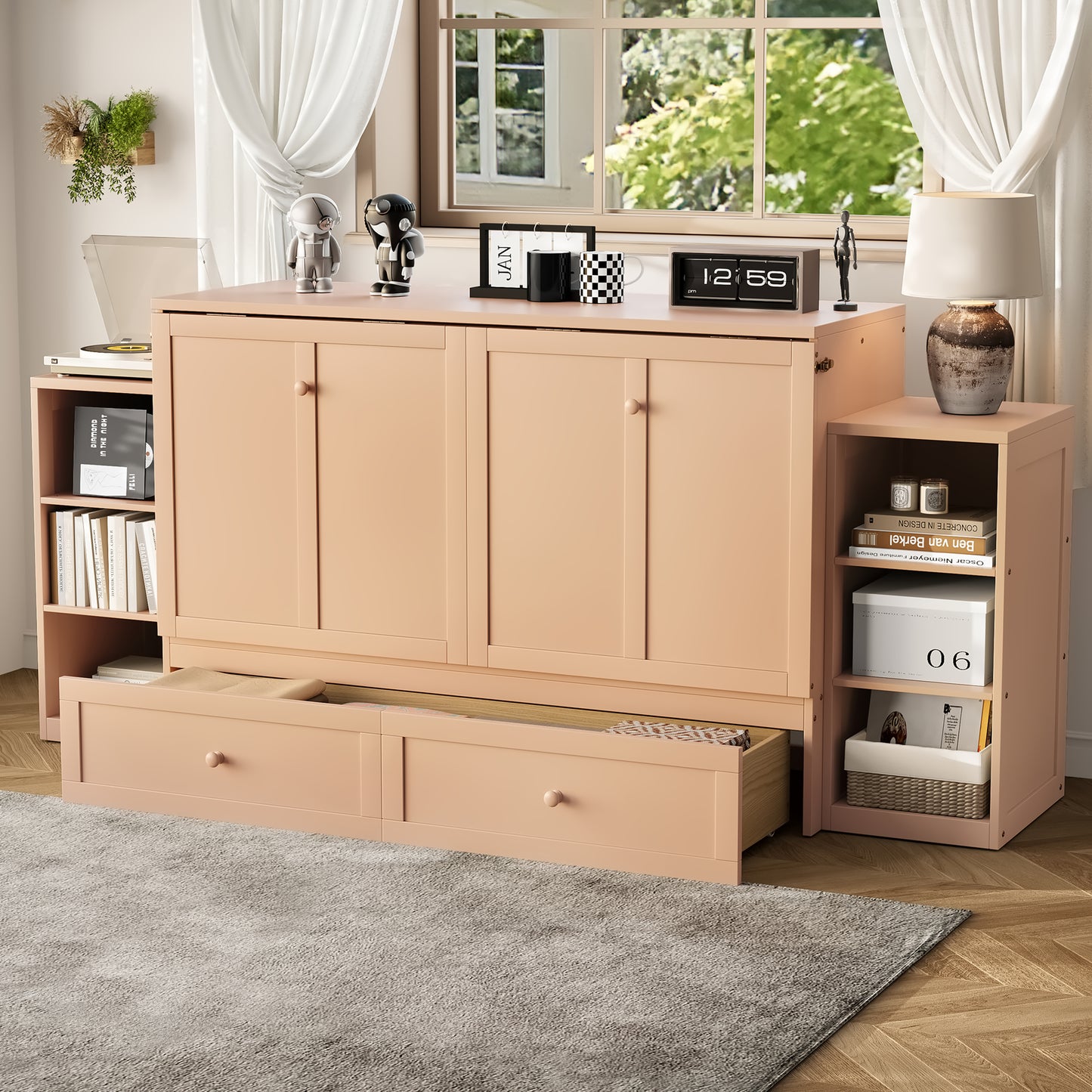 Queen size Murphy bed with spacious storage drawers and shelves, Ideal for guest rooms or compact bedrooms,Golden image 3