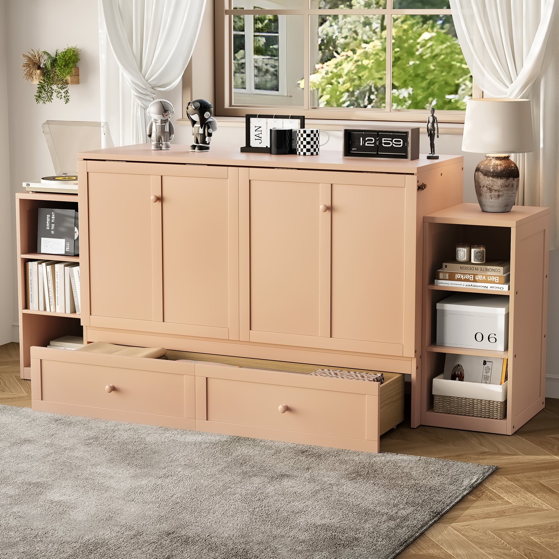 Queen size Murphy bed with spacious storage drawers and shelves, Ideal for guest rooms or compact bedrooms,Golden image 3