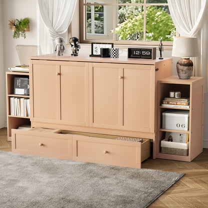 Queen size Murphy bed with spacious storage drawers and shelves, Ideal for guest rooms or compact bedrooms,Golden image 3