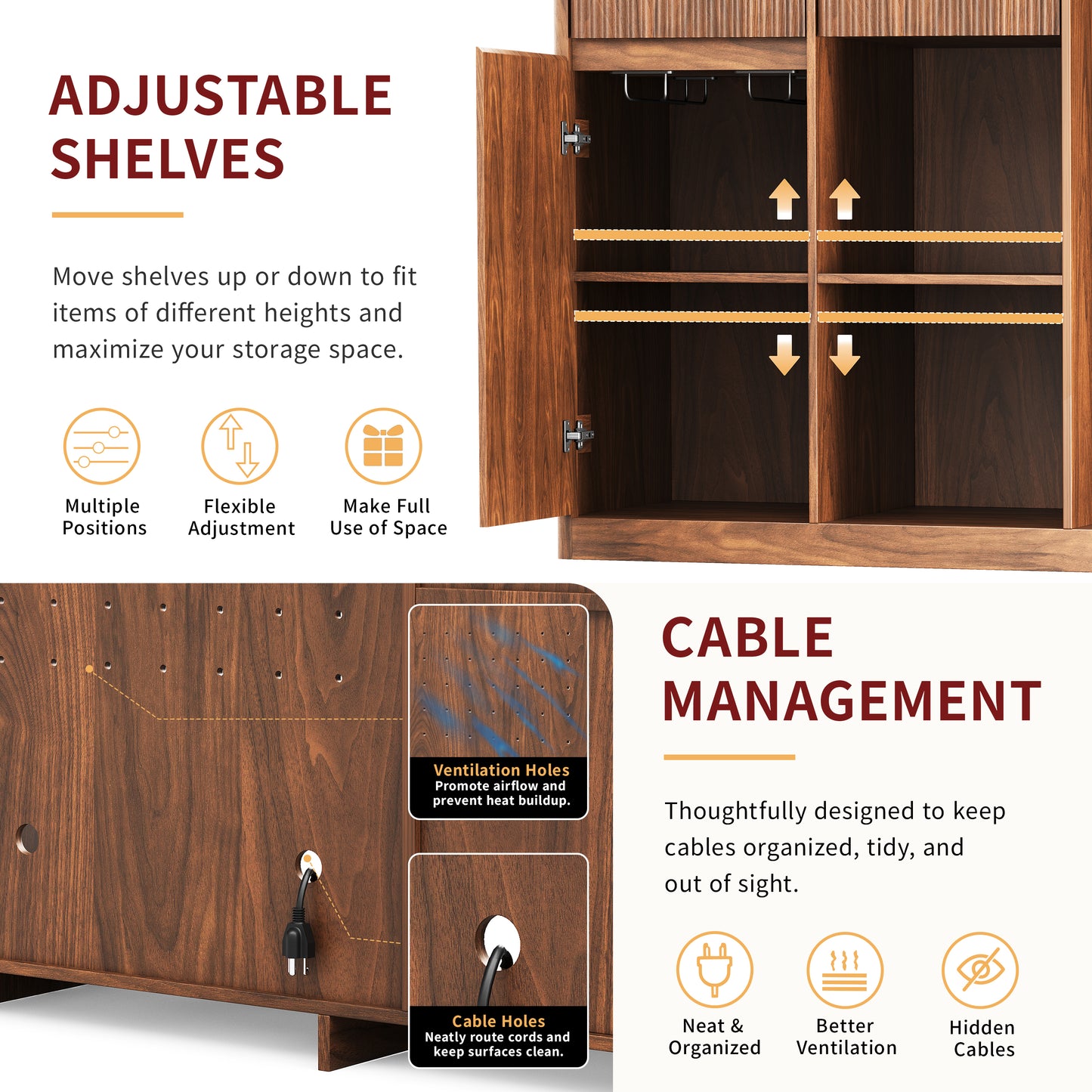 51" Fluted Bar Cabinet with Fridge Space (Fridge Not Included), Modern Coffee Station with Charging Hub & Wine Glass Rack, Walnut Buffet Sideboard for Home Beverage & Liquor Storage. image 9