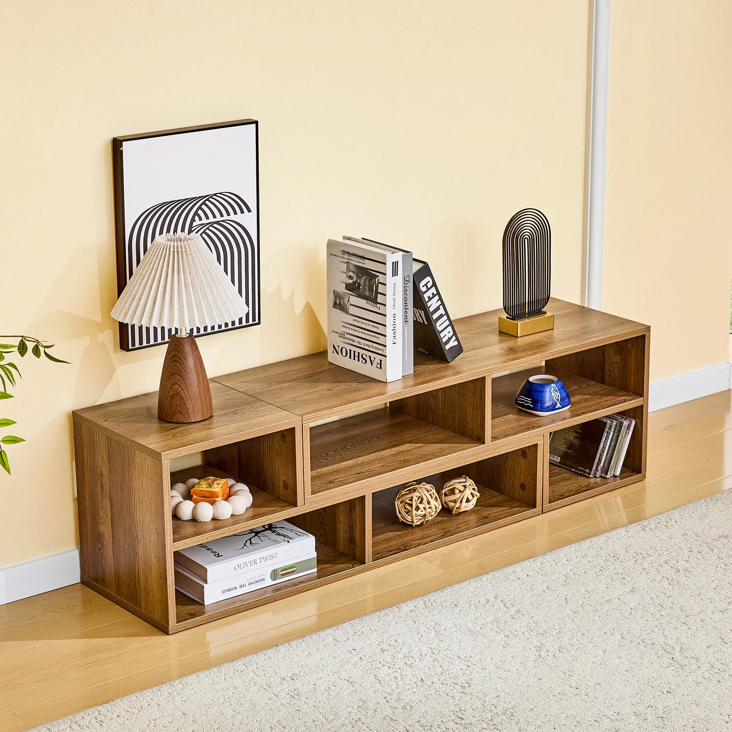 Modular Extendable TV Stand, Rustic Wood Media Console with Open Storage Cubbies, Freestyle Combination Entertainment Center, Adjustable TV Cabinet for Living Room Bedroom Apartment image 3