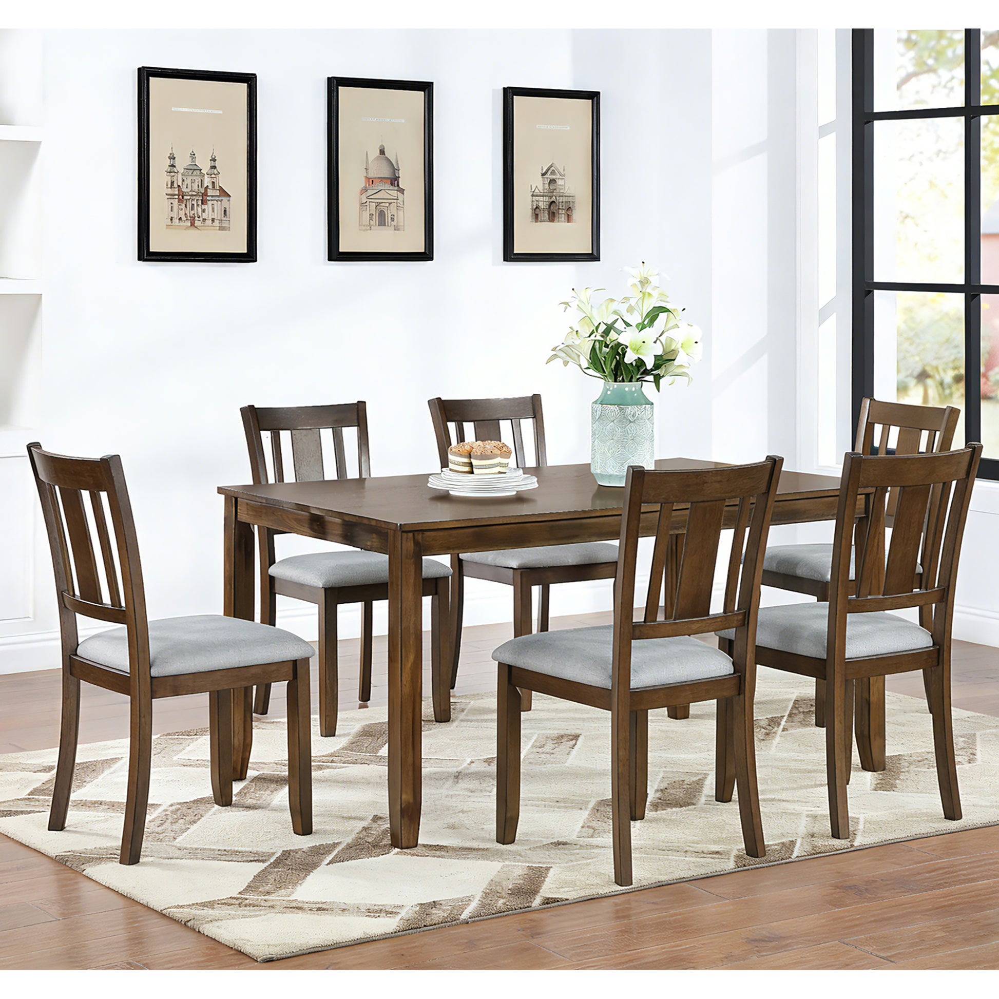 Modern 7-Piece Dining Table Set with 6 Upholstered Chairs, Wooden Rectangular Dining Table Set for 6 with Chairs, for Dining Room, Kitchen, Restaurant, Walnut image 1