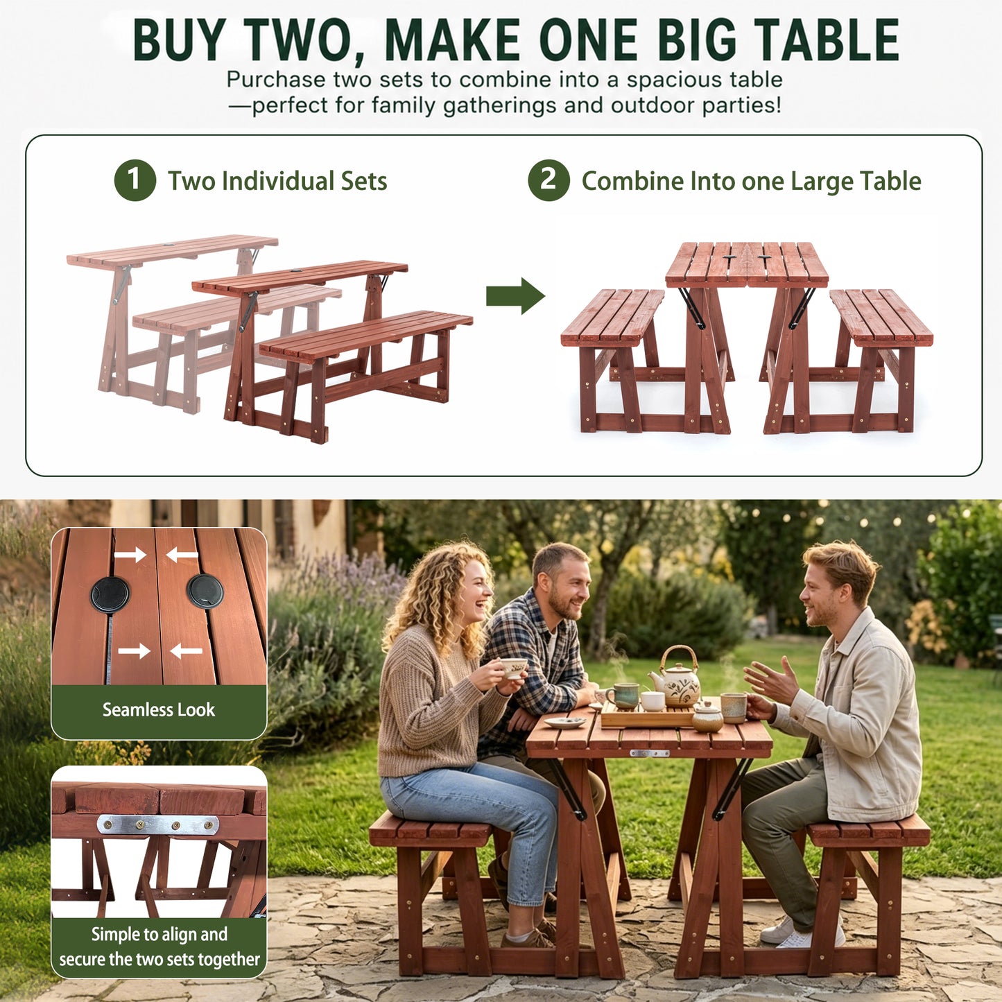 2-in-1 Convertible Bench Picnic Table, Outdoor Folding Dining Set with Backrest & Umbrella Hole, Solid Wood Waterproof & UV Resistant – For Backyard, Patio, Garden, Park Walkway image 7
