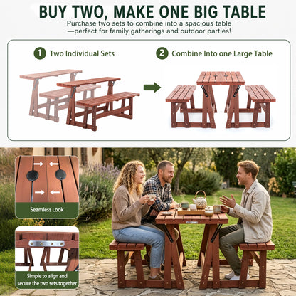 2-in-1 Convertible Bench Picnic Table, Outdoor Folding Dining Set with Backrest & Umbrella Hole, Solid Wood Waterproof & UV Resistant – For Backyard, Patio, Garden, Park Walkway image 7