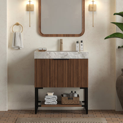 YOLAN 30" Bathroom Vanity&Sink, Freestanding Striped Plywood Storage Cabinet with Drawer&Open Shelf, Light Gray Sintered Stone Top&Undermount Ceramic Basin, Pre-assembled, Dark Walnut Woodgrain Color image 1