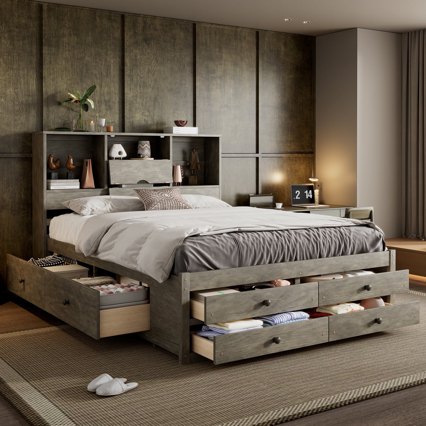 Queen Size Platform Bed with Storage Headboard and 8 Drawers, Gray image 1