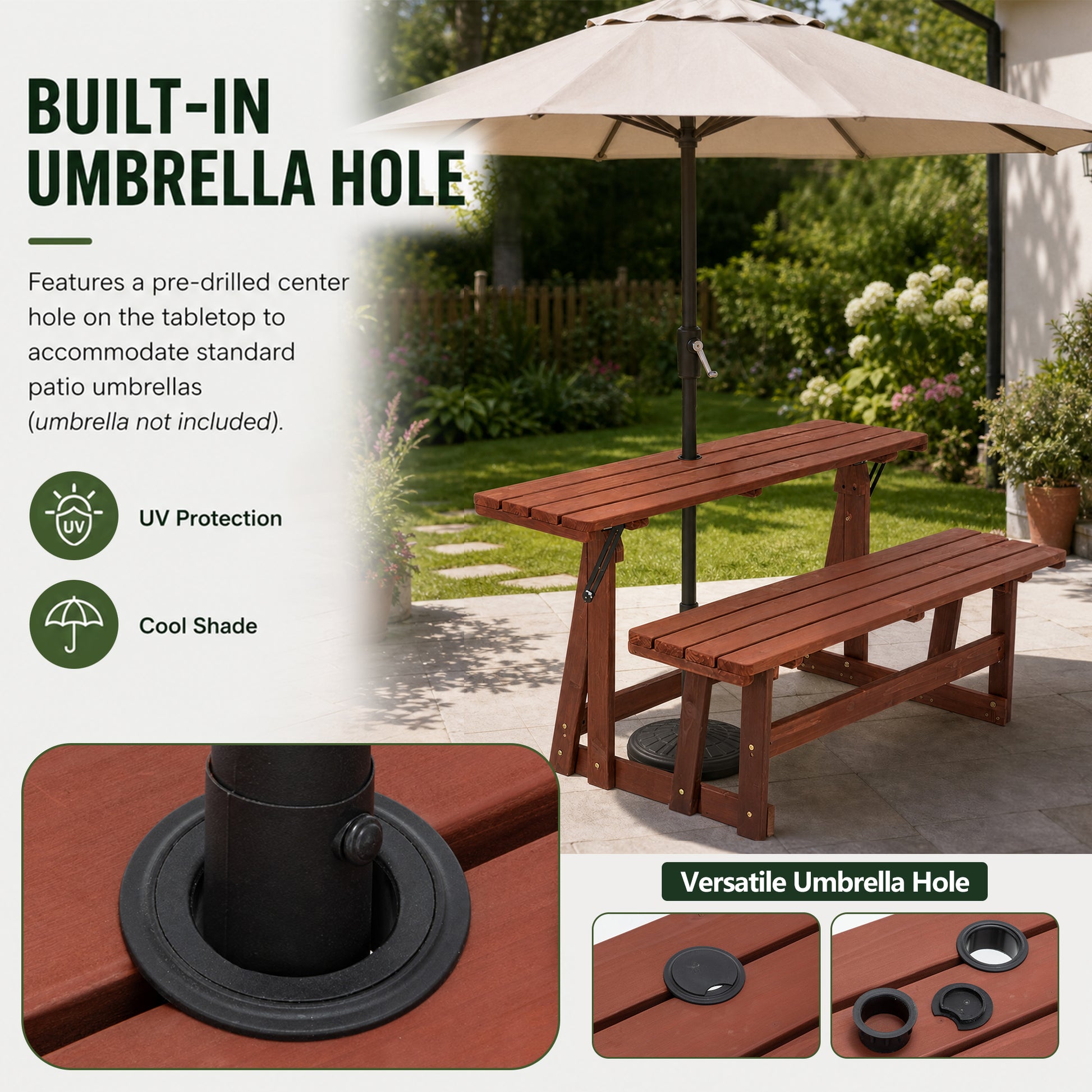 2-in-1 Convertible Bench Picnic Table, Outdoor Folding Dining Set with Backrest & Umbrella Hole, Solid Wood Waterproof & UV Resistant – For Backyard, Patio, Garden, Park Walkway image 6
