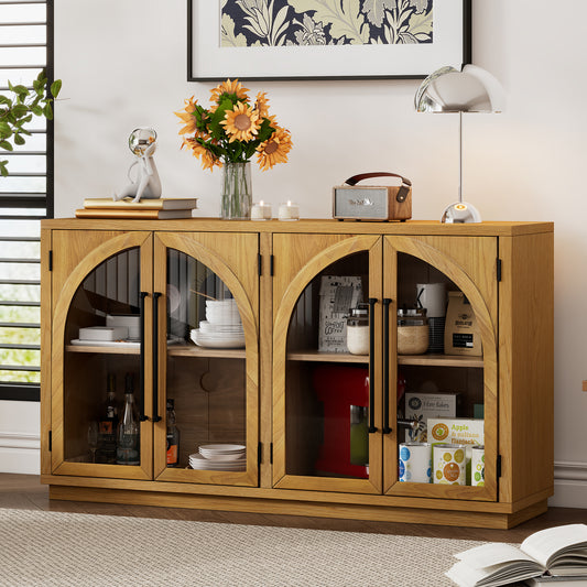 TREXM 4-Door Large Storage Sideboard Buffet Cabinet with Glass Doors, Arched Cabinet with Adjustable Shelves for Kitchen, Dining Room and Living Room (Natural Wood) image 1